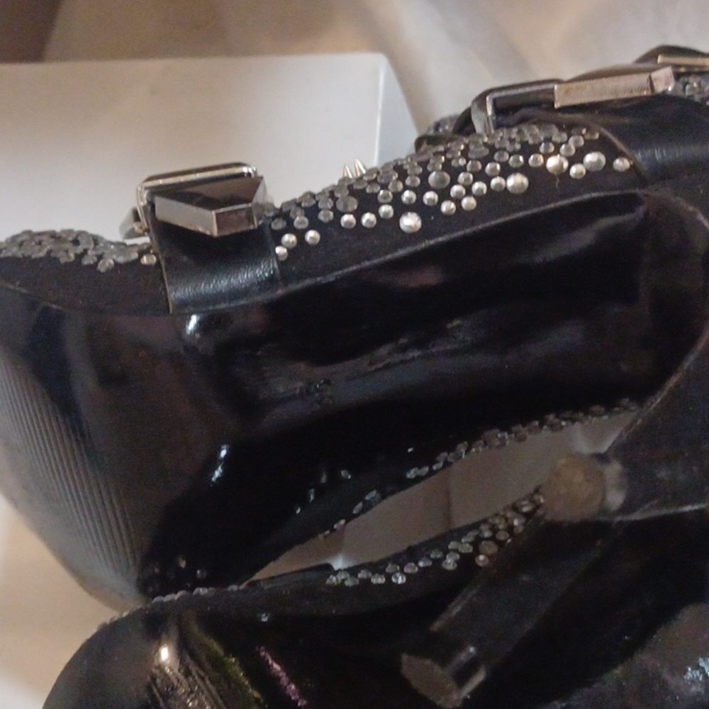 Super Sexy Crystal Spikes Multi Belted Black Stiletto Ankle Boots PUNK sz.35/5 - Picture 6 of 8